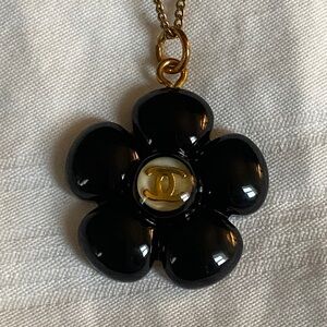 Black CHANEL camellia necklace - 12K gold filled chain